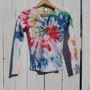 Rainbow Spiral Tie Dye Long Sleeve Girls Med Vneck